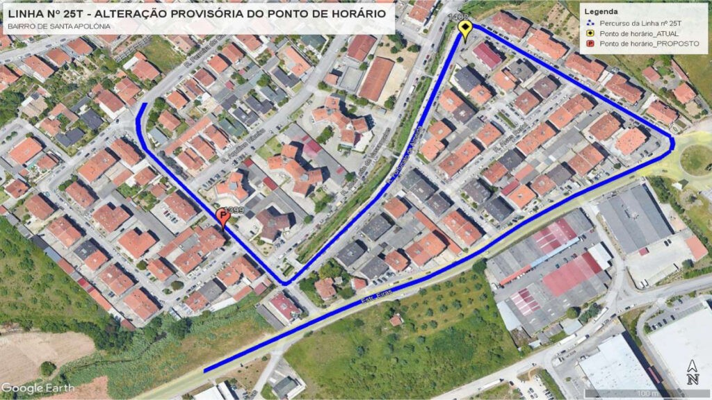 Mapa do Bairro de Santa Apolónia com as alterações aos pontos de paragem e percurso da Linha 25T